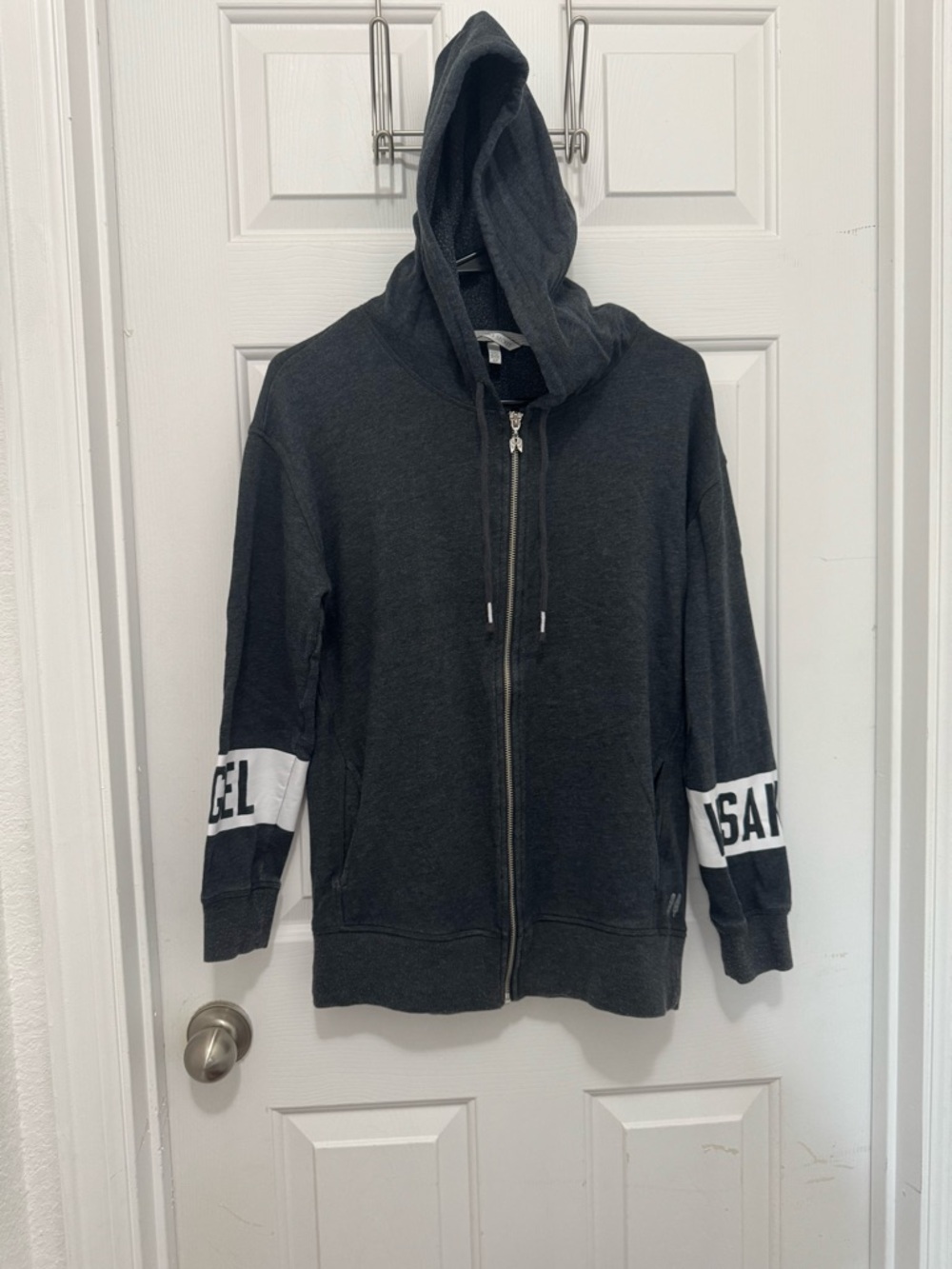 Victoria's Secret Charcoal Gray Zip Hoodie with White Sleeve Panels